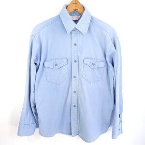 Vtg Frostproof Button Front Flannel Work Shirt Men's Large Light Blue Distressed